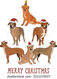 Mutt dogs wearing winter hats. Cute funny dogs. Character design. Abstract Christmas tree. Vector illustration. Merry Christmas greeting card with the cute funny dog holiday poster.