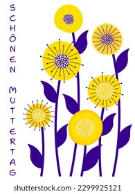 Schönen Muttertag - Lettering in German language - Happy Mother’s Day. Greeting card with abstract flowers in complementary colors yellow and purple.