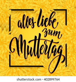 Muttertag Liebe vector greeting card. Yellow floral pattern background. Mother Day hand drawn calligraphy lettering German title.