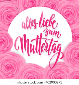 Muttertag Liebe Vektordruckkarte. rosafarbene, blumengeschmückte Hintergrundbilder. Muttertag handgezeichnete Kalligrafie, die deutschen Titel.