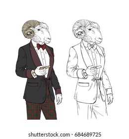 mutton gentleman with cigar, furry art illustration, fashion animals