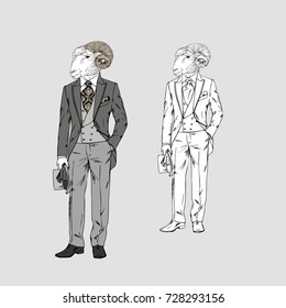 mutton man dressed up in vintage victorian suit, furry art illustration, fashion animals