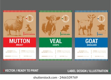 Mutton, Veal and Goat Farm Meat Packaging Label vector design set. Including hand drawn rustic vintage illustration on craft paper pack. Badge with nutrition information, county of produce, storage ru