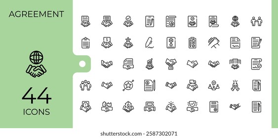 Mutual Agreement linear icon collection. Includes icons for team, agreement, partner, business, employee, businessman, man, collaboration. Pixel perfect. Minimalist vector collections.