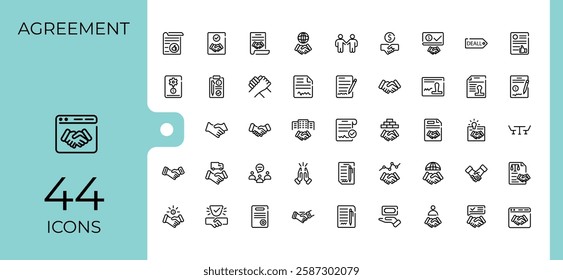 Mutual Agreement linear icon collection. Includes icons for team, agreement, partner, business, employee, businessman, man, collaboration. Pixel perfect. Minimalist vector collections.