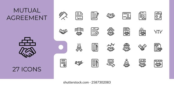 Mutual Agreement linear icon collection. Includes icons for team, agreement, partner, business, employee, businessman, man, collaboration. Pixel perfect. Minimalist vector collections.