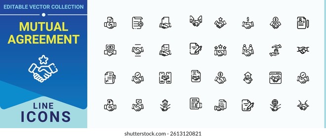 Mutual Agreement simple icon set. Pack of partner, handshake, business, agree, agreement and more. Deal And Agreement icon set. Outline icons collection. Signs for web and mobile app.