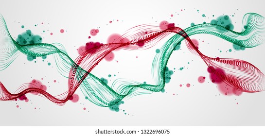 Mutual array of particles flowing, double dynamic sound wave. 3d vector illustration. Mesh round dots, beautiful relaxing wallpaper illustration.