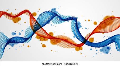 Mutual array of particles flowing, double dynamic sound wave. 3d vector illustration. Mesh round dots, beautiful relaxing wallpaper illustration.