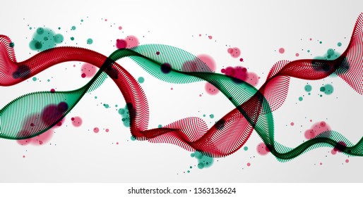 Mutual array of particles flowing, double dynamic sound wave. 3d vector illustration. Mesh round dots, beautiful relaxing wallpaper illustration.