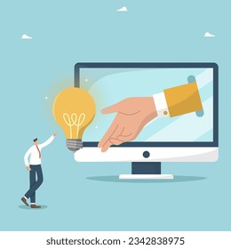 Mutual assistance and teamwork to create new business ideas for great success, creativity on way to new opportunities, brainstorming for innovation, hand from computer monitor gives light bulb to man.