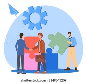 Asistencia mutua.Las personas en el fondo del rompecabezas se ayudan entre sí.Trabajo en equipo y un objetivo común.Ilustración vectorial.