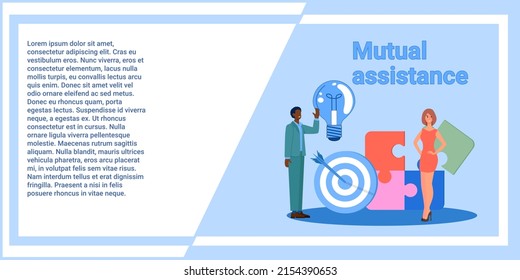 Asistencia mutua.Las personas en el fondo del rompecabezas se ayudan entre sí.Trabajo en equipo y un objetivo común.Ilustración vectorial.