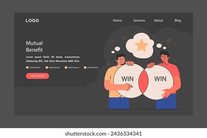 Beiderseitiger Nutzen: Dark oder Night Mode Web, Landung. Zwei erfolgreiche Mitarbeiterpartnerschaften. Den Geschäftspartnern gemeinsame Vorteile und Verpflichtungen. Flache Vektordarstellung