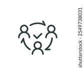 Mutual collaboration, exchange of experience, mutual assistance outline icon. Line sign three human symbols connected by arrows. Vector isolated pictogram for web on white background editable stroke.