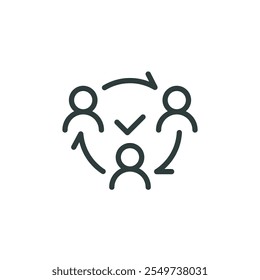 Mutual collaboration, exchange of experience, mutual assistance outline icon. Line sign three human symbols connected by arrows. Vector isolated pictogram for web on white background editable stroke.