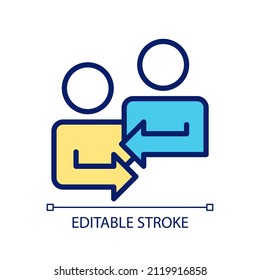 Mutual feedback pixel perfect RGB color icon. Sharing opinions with coworker on business project. Isolated vector illustration. Simple filled line drawing. Editable stroke. Arial font used