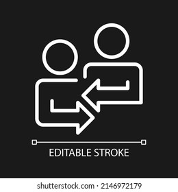 Mutual feedback pixel perfect white linear icon for dark theme. Sharing opinions with coworker on project. Thin line illustration. Isolated symbol for night mode. Editable stroke. Arial font used