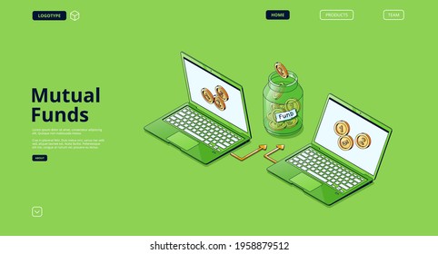 Mutual Fund Banner. Concept Of Finance Strategy Of Investment In Fund, Stock Instrument For Capital Diversification. Vector Landing Page With Isometric Laptops, Coins And Jar With Money