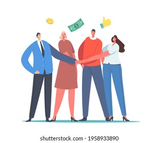 Mutual Fund Concept. Office Colleagues Male and Female Characters Join Hands with Money Coins and Bills around. Businessmen and Businesswomen Compound Finance Help. Cartoon People Vector Illustration