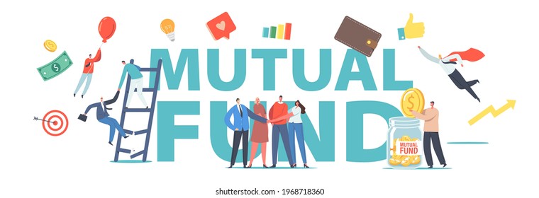 Mutual Fund Concept. Office Colleagues Male Female Characters Join Hands, Tiny Businessman Put Gold Coin into Huge Glass Jar, Finance Help.Poster, Banner or Flyer. Cartoon People Vector Illustration