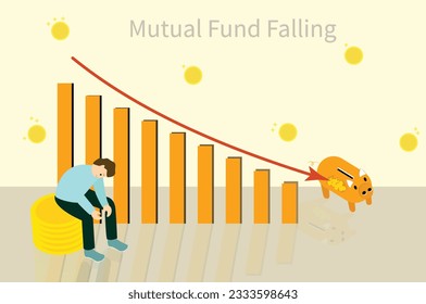 Mutual Fund Falling Illustration with Declining Bar Graph and Arrow - Set of Icons of Depressed Man, Golden Coins and Money Bank