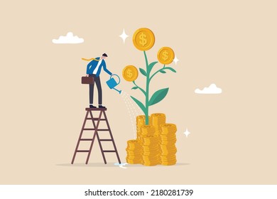 Mutual fund or growing investment, wealth profit growth or earning increase, savings or wealth management, pension fund concept, businessman investor watering stack dollar coin to grow money plant. - Shutterstock ID 2180281739