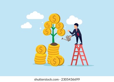 Mutual fund or growing investment, wealth profit growth or earning increase, savings or wealth management, pension fund concept, businessman investor watering stack dollar coin to grow money plant.