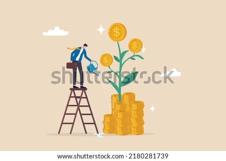 Mutual fund or growing investment, wealth profit growth or earning increase, savings or wealth management, pension fund concept, businessman investor watering stack dollar coin to grow money plant.