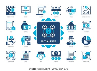 Mutual Fund icon set. Securities, Cash Flow, Money, Investment, Stock Exchange, Trade, Dividends, Index. Duotone color solid icons