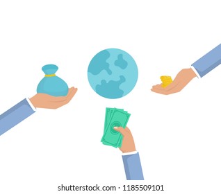 Mutual fund, investment algorithm, hands with money, world allocation, multiple investors