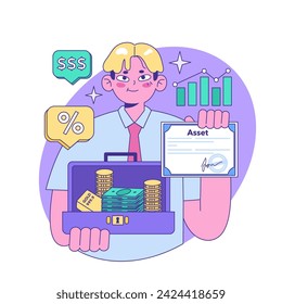 Mutual fund. Investment fund, asset portfolio invested in stocks. Young character investing money with the prospect of profit. Modern investment vehicle. Flat vector illustration