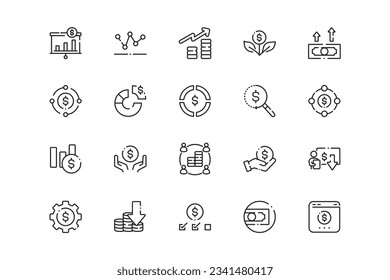 Mutual Fund or Investment lines icon set. Mutual Fund or Investment genres and attributes. Linear design. Lines with editable stroke. Isolated vector icons.