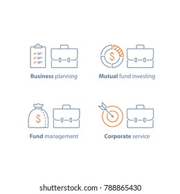 Mutual fund management, long term investment return, financial security, corporate finance, income growth, dividends, portfolio performance analysis, business solution, vector line icon thin stroke