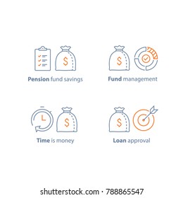 Gestión de fondos mutuos, inversión a largo plazo, estrategia financiera, solución financiera, aumento de ingresos, pago de dividendos, aprobación de préstamos, servicio contable, ahorro de pensiones, icono de línea vectorial de ligereza