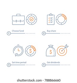 Mutual fund management, long term investment return, financial security, corporate finance, income growth, time is money, dividend payment, portfolio performance analysis, vector line icon thin stroke