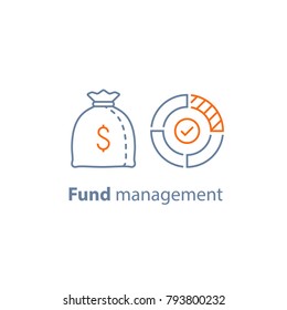 Mutual Fund Management, Long Term Investment, Financial Strategy, Corporate Finance, Income Growth, Dividend Payment, Performance Analysis, Money Bag, Budget Expenses, Vector Line Icon Thin Stroke