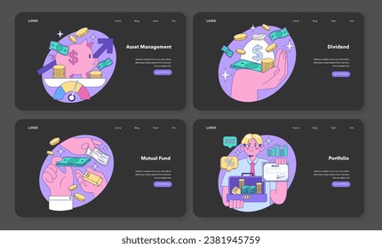 Mutual fund night, dark mode web banner or landing page set. Investment fund, asset portfolio invested in stocks. Investing money with prospect of profit. Investment vehicle. Flat vector illustration