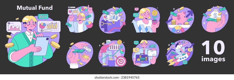 Mutual fund night or dark mode set. Investment fund, asset portfolio invested in stocks. Young character investing money with the prospect of profit. Investment vehicle. Flat vector illustration