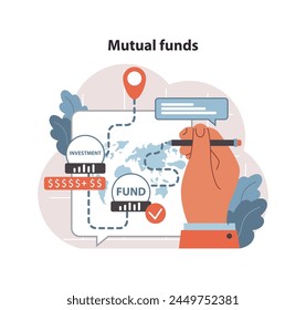 Mutual funds concept. Hand outlines global investments, showcasing the dynamics of fund growth and asset allocation. Diverse portfolio, secured finance. Flat vector illustration