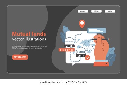 Mutual funds concept. Hand outlines global investments, showcasing the dynamics of fund growth and asset allocation. Diverse portfolio, secured finance. Flat vector illustration