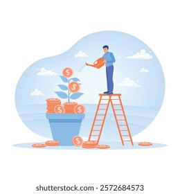 Mutual funds or growth investments. Man watering pile of dollar coins to grow money plant. Investing money in self-development concept. Flat vector illustration.