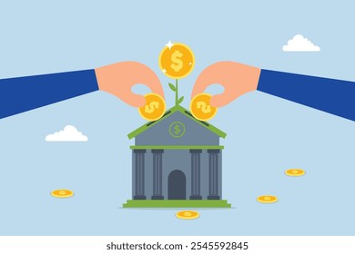 Mutual funds investment, businessman hand put coin into bank growing money plant.