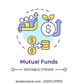 Mutual funds multi color concept icon. Asset management, investment bonds. Business teamwork. Round shape line illustration. Abstract idea. Graphic design. Easy to use in infographic, presentation