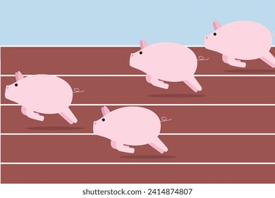 Mutual funds, pink piggy banks running quick to reach target, they compete on race track and field way to win the back cash diversion.