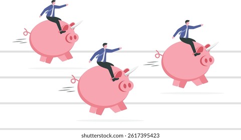 Mutual funds, stock investment performance or savings, business profit concept, pink piggy banks running fast to reach target, they compete on race track and field path to win the finance money game.
