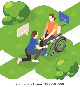 Mutual help isometric background with cooperation and assistance symbols vector illustration