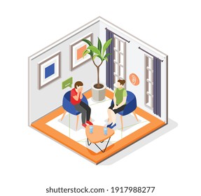 Mutual help isometric concept with psychological aid symbols vector illustration