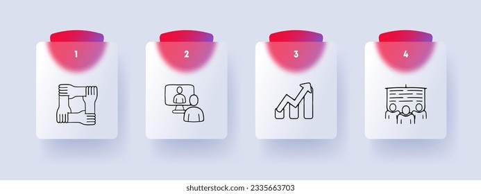 Mutual help line icon. Hands, connection, schedule, people, proper management, team spirit. Glassmorphism style. Vector line icon for Business