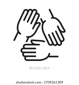Ícone de linha de ajuda mútua. Mãos humanas, símbolo das palmas. Trabalho em equipe, coesão, parceria, apoio, ajuda, conceito de sucesso. Sinal preto. Isolado em um fundo branco. Traçado editável. Ilustração vetorial.